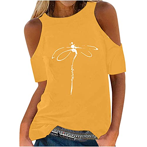 Camisetas de mujer de manga corta con hombros descubiertos, camisetas de verano básicas, camisetas de cuello redondo, camisa informal, amarillo, S