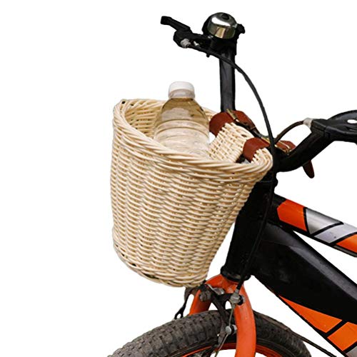 Canasta para bicicletas para niños, Canasta para bicicletas, Canasta para bicicletas de mimbre vintage con correas de cuero marrón Manillar delantero Canasta de ratán para niños Niños Niñas Bicicleta.