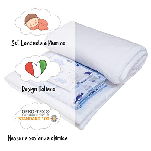 CangooCare© Juego de sábanas de 4 piezas Compatible Next2Me, Cuna Cosleeping, 100% algodón, 1 Edredón de Plumón 350gr, 1 sábana bajera, 1 sábana encimera, 1 funda de almohada (Coches)