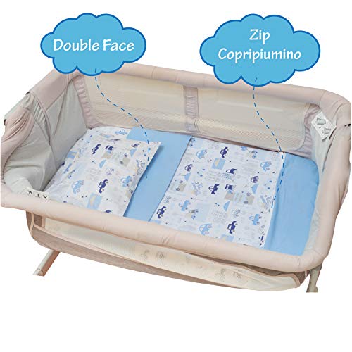 CangooCare© Juego de sábanas de 4 piezas Compatible Next2Me, Cuna Cosleeping, 100% algodón, 1 Edredón de Plumón 350gr, 1 sábana bajera, 1 sábana encimera, 1 funda de almohada (Coches)