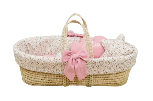 Capazo Mimbre bebé Personalizado – Moisés Palma recién Nacido – Cuco SIN Patas – Flores Liberty Rosa – Nenel