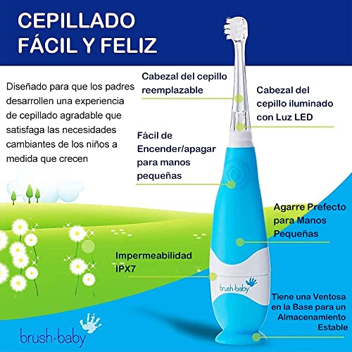 Cepillo de dientes eléctrico para bebés y niños pequeños de 0 a 3 años. Temporizador inteligente LED y suave vibración para una experiencia de limpieza divertida (azul)