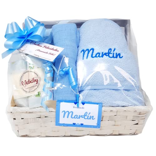 Cesta de Bebé Personalizada - Mi Capa de Mababy - Set de primera puesta para Recién Nacido, Capa de baño para Bebé personalizada y Muselina de lactancia - Regalos para Bebé. (Azul Talla 0)