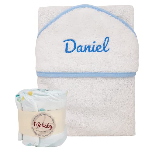 Cesta de Bebé Personalizada - Mi Capa de Mababy - Set de primera puesta para Recién Nacido, Capa de baño para Bebé personalizada y Muselina de lactancia - Regalos para Bebé. (Azul Talla 0)