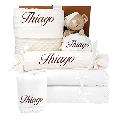 Cesta para Bebé Personalizada - Mabybox Mi Capricho - Manta Coralina, Dou dou Osito, Muselina de Lactancia y Cojín antivuelco Personalizados con el Nombre del recién Nacido - Regalo de Bebé. (Beige)