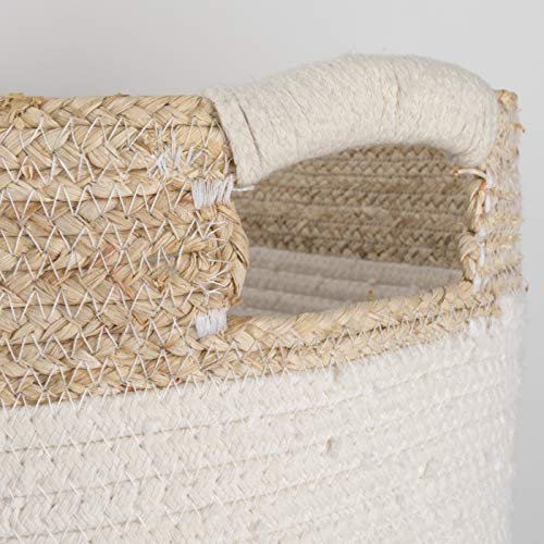 Cesta ropa sucia de algodón, cesta almacenaje de cuerda de algodón con piel de maíz, cesta ropa sucia bebe, Regalo de decoración para el hogar, 36 x 29.5 x 29.5 cm, Blanco, estampado beige, Set 2