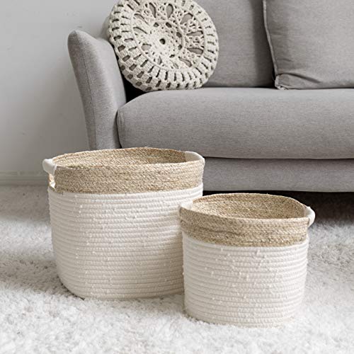 Cesta ropa sucia de algodón, cesta almacenaje de cuerda de algodón con piel de maíz, cesta ropa sucia bebe, Regalo de decoración para el hogar, 36 x 29.5 x 29.5 cm, Blanco, estampado beige, Set 2