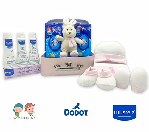 CestaRegalo - Canastilla Bebé Recién Nacido - Cesta Regalo para Niña y Niño - Productos de higiene para el viaje - Ropa de algodón Gamberritos - Toallitas Dodot - Peluche y maleta (Rosa)