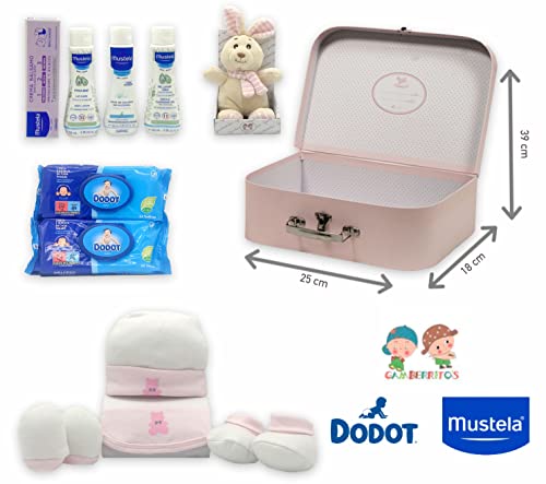 CestaRegalo - Canastilla Bebé Recién Nacido - Cesta Regalo para Niña y Niño - Productos de higiene para el viaje - Ropa de algodón Gamberritos - Toallitas Dodot - Peluche y maleta (Rosa)