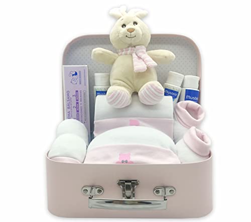 CestaRegalo - Canastilla Bebé Recién Nacido - Cesta Regalo para Niña y Niño - Productos de higiene para el viaje - Ropa de algodón Gamberritos - Toallitas Dodot - Peluche y maleta (Rosa)