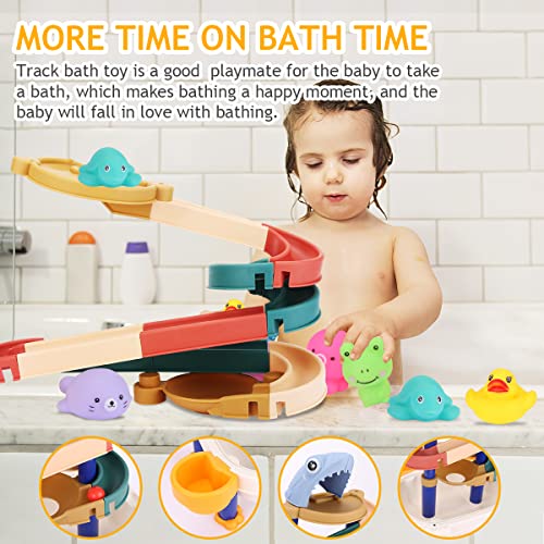 CestMall Juguete de baño para niños pequeños, 2 en 1, juguetes de ducha de juego de pista de baño con mesa, pistas y muñecas de animales, juguetes de baño para niños, niños y niñas de 3 años