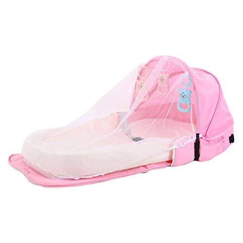 chaochao Cuna Portátil Plegable Cuna de Viaje para Bebé Recién Nacido Tumbona para Bebé con Mosquitera Cama Bebé Portable con Juguetes para Dormir (Rosa, 92x46x14cm)