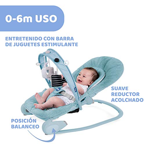 Chicco Hooplà Hamaca para Bebé de 0 Meses a 18 kg, Balancín y Silla de Bebés y Niños con Arco de Juegos, Respaldo Ajustable y Cojín Reductor, Compacta - Color Azul (Dragonfly)