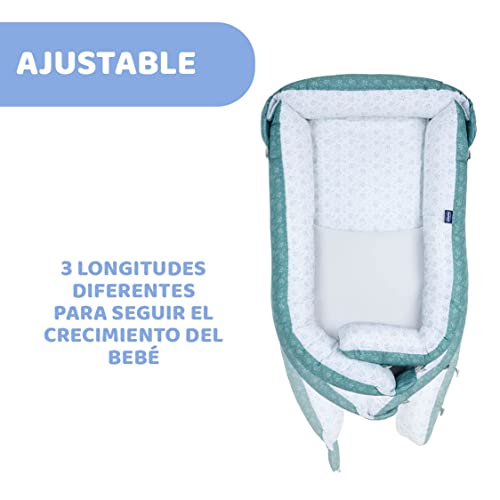 Chicco Mummy Pod Cojín Reductor Evolutivo para Cuna, Colecho o Cama, Nido Bebé para Proteger al Recién Nacido, Almohada de Descanso Alargada Chichonera, Accesorio Colchón, Blanco/Verde (Foxy)