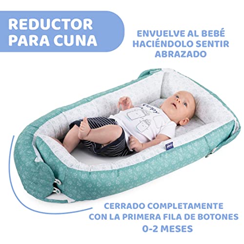 Chicco Mummy Pod Cojín Reductor Evolutivo para Cuna, Colecho o Cama, Nido Bebé para Proteger al Recién Nacido, Almohada de Descanso Alargada Chichonera, Accesorio Colchón, Blanco/Verde (Foxy)