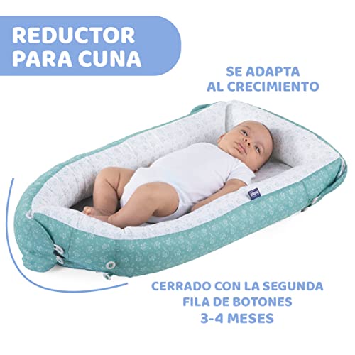 Chicco Mummy Pod Cojín Reductor Evolutivo para Cuna, Colecho o Cama, Nido Bebé para Proteger al Recién Nacido, Almohada de Descanso Alargada Chichonera, Accesorio Colchón, Blanco/Verde (Foxy)