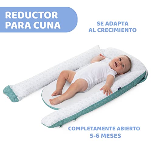 Chicco Mummy Pod Cojín Reductor Evolutivo para Cuna, Colecho o Cama, Nido Bebé para Proteger al Recién Nacido, Almohada de Descanso Alargada Chichonera, Accesorio Colchón, Blanco/Verde (Foxy)