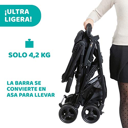 Chicco OHlalà 3 Silla de Paseo Ultraligera desde 0 Meses hasta 15 kg, Cochecito Reclinable y Plegable con Cesta Grande, Cierre Compacto, Protector de Lluvia y Capota Plegable - Color Negro (Jet Black)