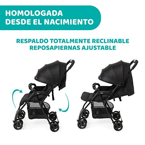 Chicco OHlalà 3 Silla de Paseo Ultraligera desde 0 Meses hasta 15 kg, Cochecito Reclinable y Plegable con Cesta Grande, Cierre Compacto, Protector de Lluvia y Capota Plegable - Color Negro (Jet Black)