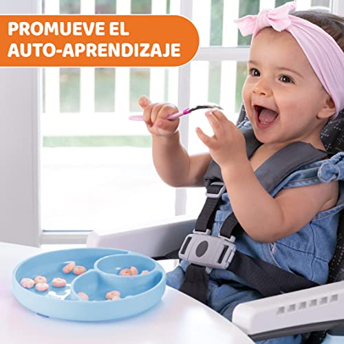 Chicco Plato para Bebé con Ventosa en la Base con 3 Compartimentos, Material Suave y Duradero, Apto para Lavavajillas y Microondas, Sin BPA – Plato con Divisiones de Silicona, Infantil +12 Meses, Azul