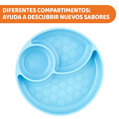 Chicco Plato para Bebé con Ventosa en la Base con 3 Compartimentos, Material Suave y Duradero, Apto para Lavavajillas y Microondas, Sin BPA – Plato con Divisiones de Silicona, Infantil +12 Meses, Azul