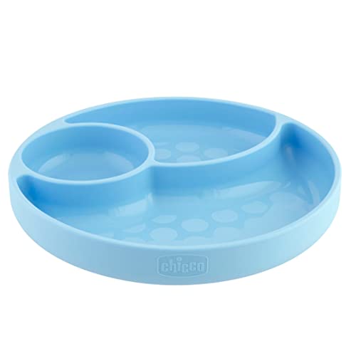 Chicco Plato para Bebé con Ventosa en la Base con 3 Compartimentos, Material Suave y Duradero, Apto para Lavavajillas y Microondas, Sin BPA – Plato con Divisiones de Silicona, Infantil +12 Meses, Azul