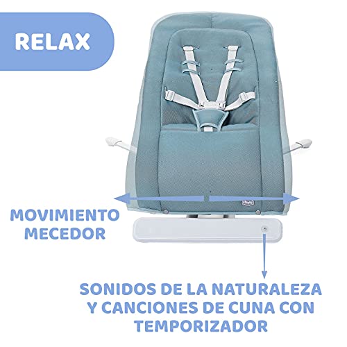 Chicco Rhythm'n'Sound Hamaca Bebé Electrónica para Bebés hasta 9 Kg, con Sonidos de la Naturaleza y Nanas, Balancín Automático, Respaldo Reclinable, Cierre Compacto y Cable USB – Azul (Acquarelle)