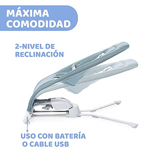 Chicco Rhythm'n'Sound Hamaca Bebé Electrónica para Bebés hasta 9 Kg, con Sonidos de la Naturaleza y Nanas, Balancín Automático, Respaldo Reclinable, Cierre Compacto y Cable USB – Azul (Acquarelle)