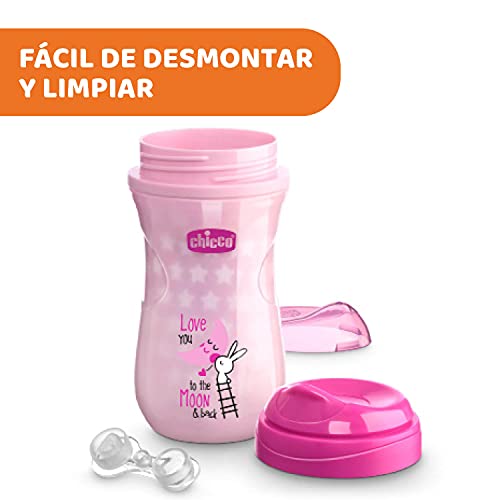 Chicco Vaso Infantil Luminoso, Vaso Antiderrame de 266 ml, Vaso Aprendizaje para Bebés +14 Meses para Aprender a Beber, con Boquilla Ergonómica y Válvula para Fácil Absorción, sin BPA ,Color Rosa