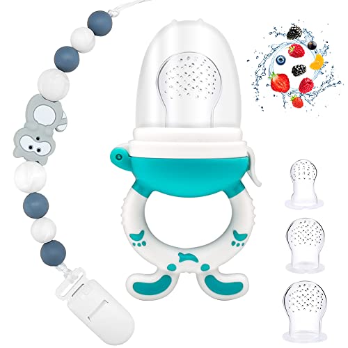 Chupete Fruta Bebe - RIGHTWELL Chupeteros Personalizado Silicona y Alimentador Antiahogo Bebe con 3 Tetinas, sin BPA Cadena Chupetes y Red Frutas Bebe Puede Ser al Mismo Tiempo Aliviar el Dolor