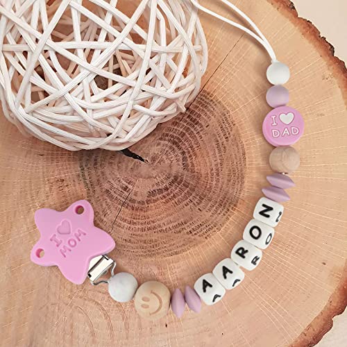 Chupetero Personalizado para Bebe con Nombre Cadenas Chupetes Mamma Papà Mordedores Perlas de dentición de Silicona para Niño Chicas Regalo de Ducha(Púrpura)