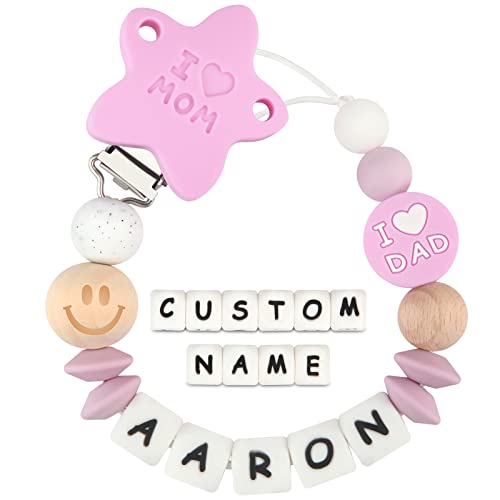 Chupetero Personalizado para Bebe con Nombre Cadenas Chupetes Mamma Papà Mordedores Perlas de dentición de Silicona para Niño Chicas Regalo de Ducha(Púrpura)