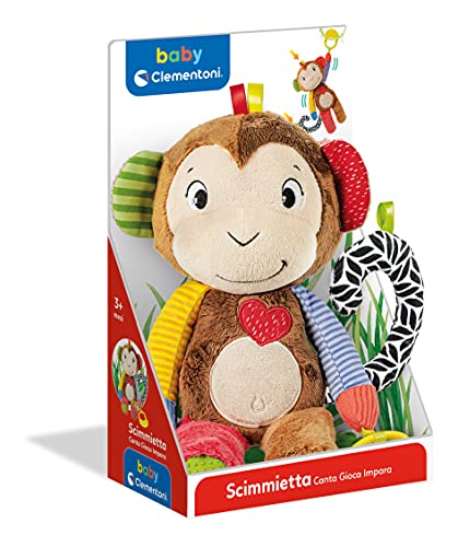 Clementoni - Mono Canta, Juega, aprende Interactivo parlante en Italiano, Juego electrónico para niños de 3 Meses, Peluche Educativo 100% Lavable, Multicolor, 17673