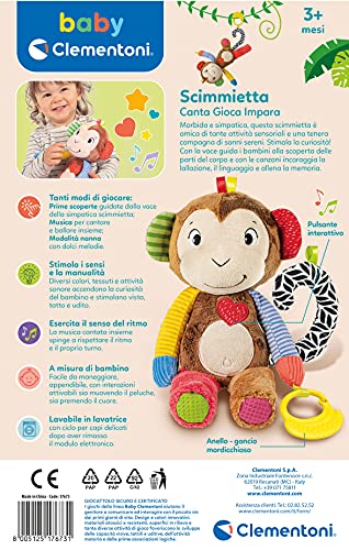 Clementoni - Mono Canta, Juega, aprende Interactivo parlante en Italiano, Juego electrónico para niños de 3 Meses, Peluche Educativo 100% Lavable, Multicolor, 17673