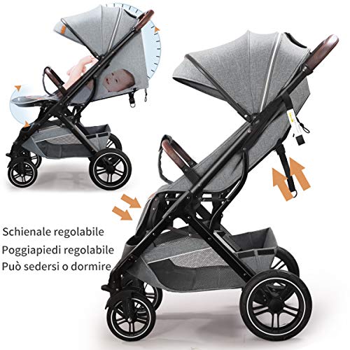 Cochecito ajustable, ligero y compacto, para niños de hasta 3 años, carrito plegable con una mano con ruedas de goma, cesta portaobjetos grande, portavasos cubrepiernas