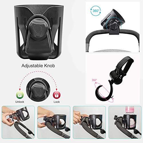 Cochecito Portavasos Universal Portabebidas Organizador de Botellas Ajustable de ABS Portabotellas con 360 Grados de Rotación Gancho para Sillitas de Bebé Bicicletas Sillas de Ruedas Negro