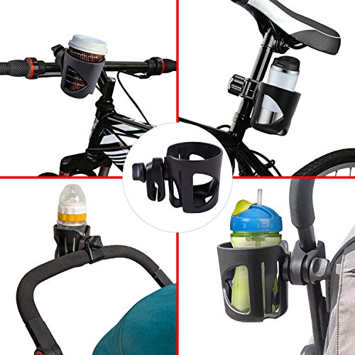 Cochecito Portavasos Universal Portabebidas Organizador de Botellas Ajustable de ABS Portabotellas con 360 Grados de Rotación Gancho para Sillitas de Bebé Bicicletas Sillas de Ruedas Negro