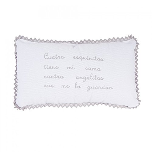 cojin 4 esquinitas blanco con letras en gris