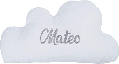 Cojines Decorativos Cuna Grabados con Nombre - Cojines Infantiles Personalizados con Forma de Luna y Nube - Conjunto Cojines Decorativos para bebé Bordados con el Nombre - Plumeti - Blanco - Nenel