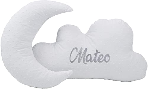 Cojines Decorativos Cuna Grabados con Nombre - Cojines Infantiles Personalizados con Forma de Luna y Nube - Conjunto Cojines Decorativos para bebé Bordados con el Nombre - Plumeti - Blanco - Nenel