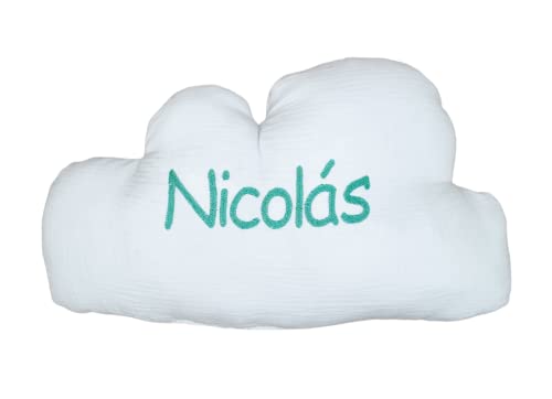 Cojines Infantiles Personalizados con Forma de Luna y Nube - Conjunto Cojines Decorativos para bebé Bordados con el Nombre - Cojines Decorativos Cuna Grabados con Nombre - Bambula - Menta - Nenel