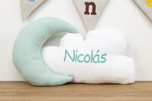 Cojines Infantiles Personalizados con Forma de Luna y Nube - Conjunto Cojines Decorativos para bebé Bordados con el Nombre - Cojines Decorativos Cuna Grabados con Nombre - Bambula - Menta - Nenel