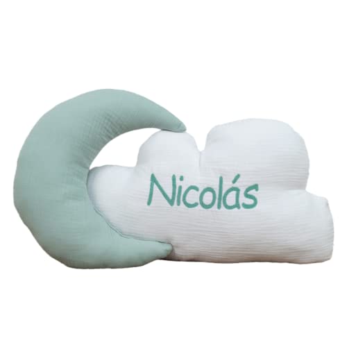 Cojines Infantiles Personalizados con Forma de Luna y Nube - Conjunto Cojines Decorativos para bebé Bordados con el Nombre - Cojines Decorativos Cuna Grabados con Nombre - Bambula - Menta - Nenel