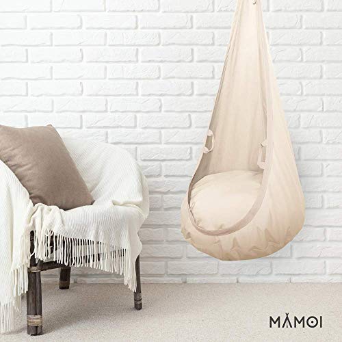 Columpio cueva beige de algodón beige | Columpio natural para habitación infantil con asas de material | Sillón colgante infantil con relleno de silicona | 100% ecológico