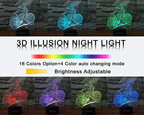 Comiwe Bicicleta de Montaña Luz de Noche de Ilusión 3D,Control Táctil y Remoto de 16 Colores,Lámpara de Mesa de Noche LED Para Decoración del Hogar,Regalo Para Niñas,Niños,Adultos,Amigos y Familia