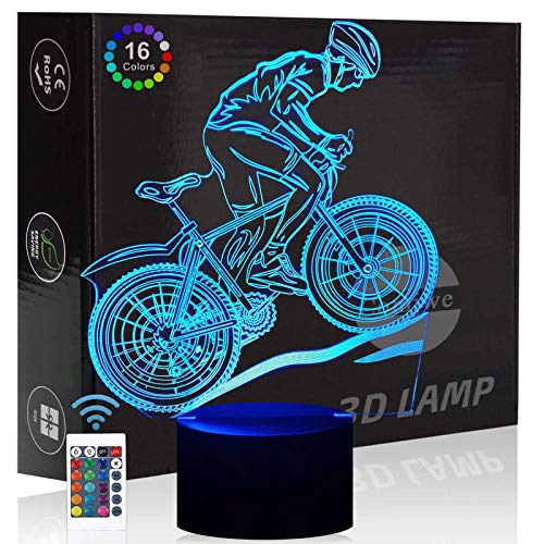 Comiwe Bicicleta de Montaña Luz de Noche de Ilusión 3D,Control Táctil y Remoto de 16 Colores,Lámpara de Mesa de Noche LED Para Decoración del Hogar,Regalo Para Niñas,Niños,Adultos,Amigos y Familia