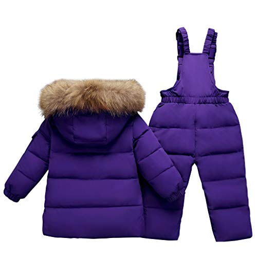 Conjunto de Esquí 2 Piezas Traje de Nieve - Chaqueta con Capucha + Pantalón de Esquí Niños Niñas Traje de Esquí Abrigos de Pluma Pantalones de nieve de Babero Impermeable, Púrpura 18-24 Mesi