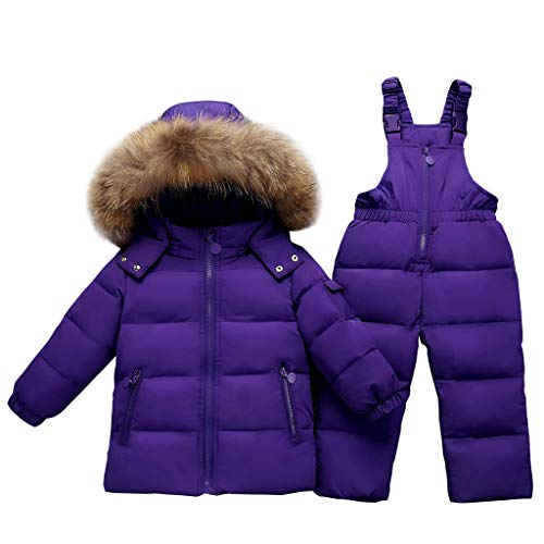 Conjunto de Esquí 2 Piezas Traje de Nieve - Chaqueta con Capucha + Pantalón de Esquí Niños Niñas Traje de Esquí Abrigos de Pluma Pantalones de nieve de Babero Impermeable, Púrpura 18-24 Mesi