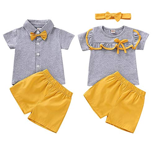 Conjunto de Polo y pantalón Corto a Juego para Hermano y Hermana (Gris + Amarillo, niños 3-6 Meses)