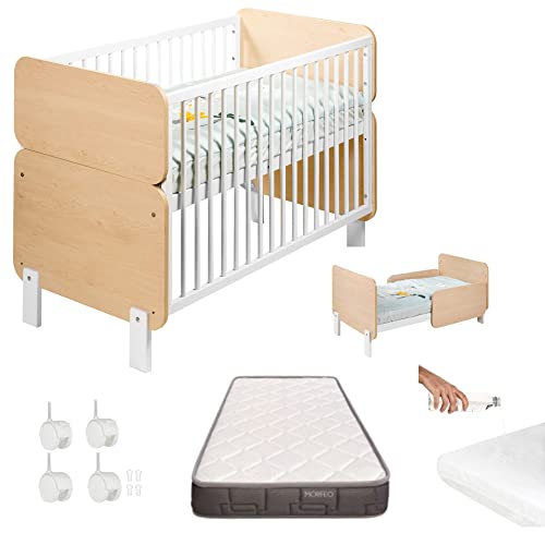 COOL · DREAMS - Cuna bebé convertible en cama infantil Jumeirah nature + 4 ruedas + Colchón HR Morfeo + protector de colchón